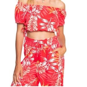 Roxy Dear Amor Ruched Crop Top Hibiscus Seaside Tropics